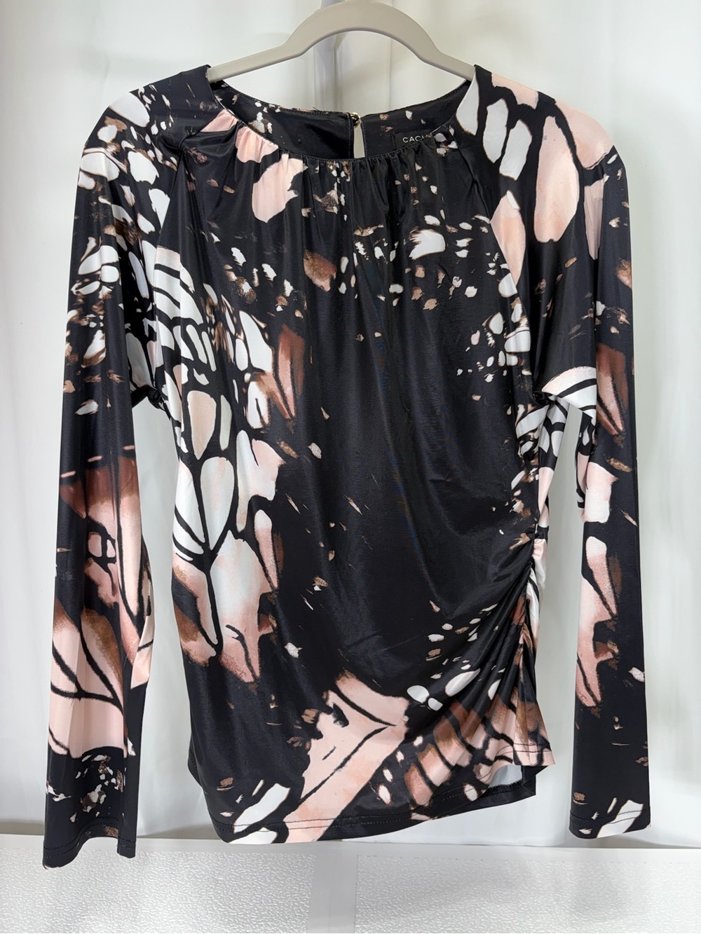 Cache Black Blush White Abstract Ruched Long Sleeve Tee 3823